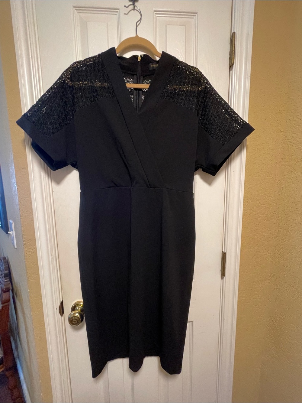 Donna Karan Black Lace-Trim V-Neck Dress-Retro Look